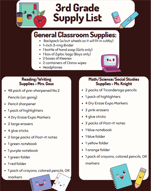 3rd grade supply list